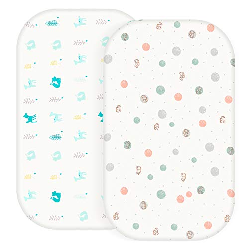 Image of AMKE Bassinet Fitted Sheet,2 Pack,Rectangle and Oval Baby Bassinet Fitted Sheets,100% Cotton Nursery Bedding,Fits AMKE Sleeper Crib Mattress (Cars & Animals)