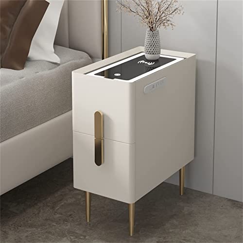 White Bedside Table with Smart LED Light USB Wireless Charging Port 2 Drawers Modern Side Table for Bedroom and Living Room