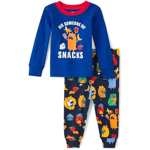 The Children's Place Baby Boys' and Toddler Long Sleeve Top and Pants Snug Fit 100% Cotton 2 Piece Pajama Set, Snack Monster Cover