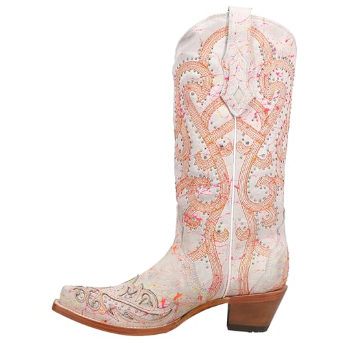 Corral Boots Womens Fluorescent Embroidered Tooled Inlay Studded Snip Toe Casual Boots Mid Calf Mid Heel 2-3" - White3
