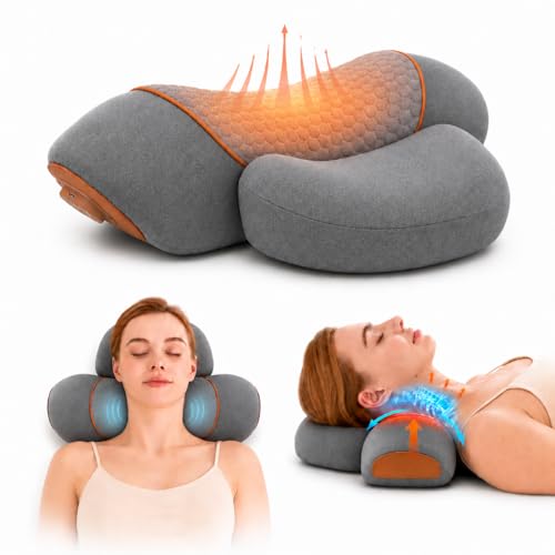 Huieo 3 in 1 Heated Neck Massage Pillows with Heat for Pain Relief Deep Tissue Rechargeable Cervical Neck Hump Corrector Wireless Pillow Supports (No Washable Cover)