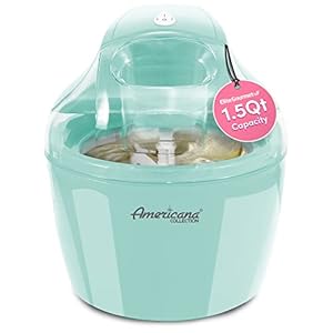Americana EIM-1400M 1.5 Qt Freezer Bowl Automatic Easy Homemade Electric Ice Cream Maker, Ingredient Chute, On/Off Switch, No Salt Needed, Creamy Ice Cream, Gelato, Frozen Yogurt, Sorbet, Recipe Book