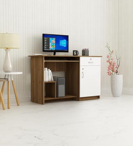 Image of Classy Study & Home Office Computer Desk | Engineered Wood | Straight Design | Lyon Teak & White Finish | Sturdy & Space-Saving | Easy Knock-Down Assembly