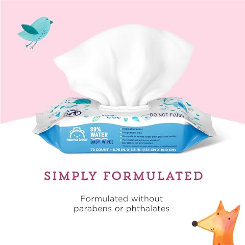 Image of Amazon Brand - Mama Bear 99% Water Baby Wipes, Hypoallergenic, Fragrance Free, 216 Count Total (3 Packs of 72 Wipes Each)