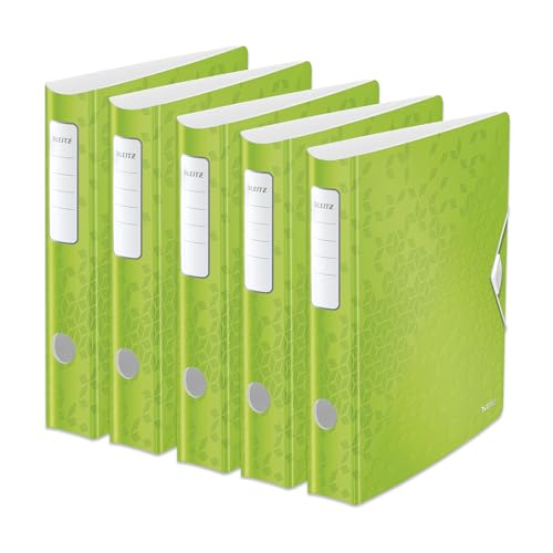 Leitz Qualitäts-Ordner 180° Active WOW, 5er Pack, A4, Schmal, Abgerundeter Rücken, 6,5 cm breit, Gummibandverschluss, Leichtes Polyfoam, Plastik-Ordner, WOW Serie, Grün, 11070054