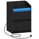 Hzuaneri Bedside Table with LED Lights, Bedside Cabinet with Charging Station and 2 Drawers, Nightstand with USB Ports & Power Outlet, Nightstand for Living Room and Bedroom, Black NS30004XUK