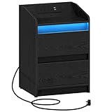 Hzuaneri Bedside Table with LED Lights, Bedside Cabinet with Charging Station and 2 Drawers, Nightstand with USB Ports & Power Outlet, Nightstand for Living Room and Bedroom, Black NS30004XUK