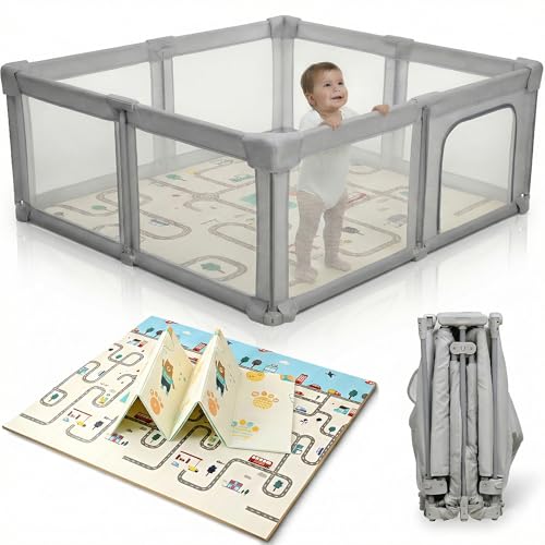 Parque Infantil Bebé Plegable 130x130 con Alfombra Acolchada – Corralito Bebé Seguro y Estable, Fácil Montaje, Parque de Juegos para Bebés Portátil con Vallas Altas