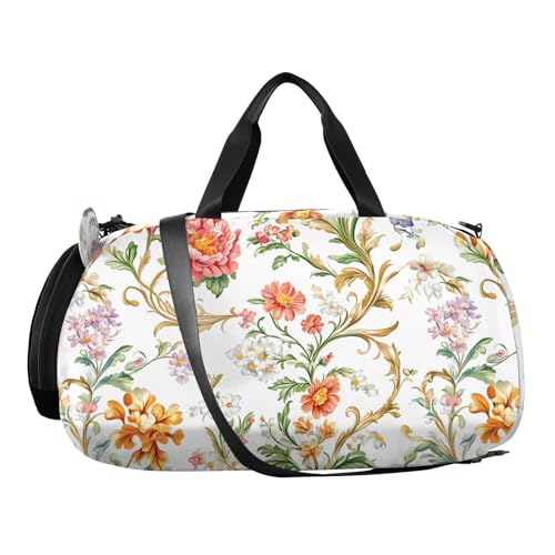 Duffle Bag for Boys or Girls with Shoes Compartment, White Colorful Flowers Pattern Sports Travel Bag Overnight2