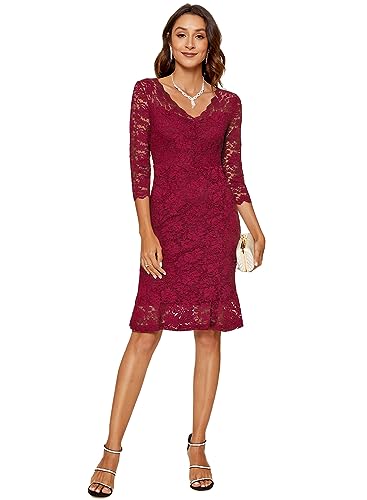 Image of Atnlewhi Womens 3 /4 Sleeve Slim Fit Lace Cocktail Dresses Party Wedding Guest V Neck Formal Evening Bodycon Dress