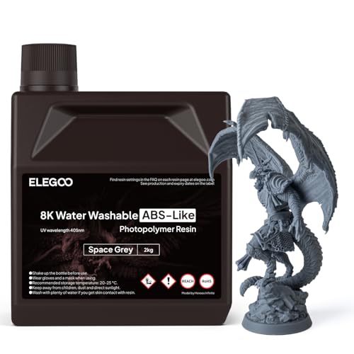 ELEGOO 8K Water Washable ABS-Like Resin, 3D Printer Resin with High Toughness, Low Viscosity and High Precision, 405nm Rapid UV-Curing Photopolymer Resin, Space Grey 2kg