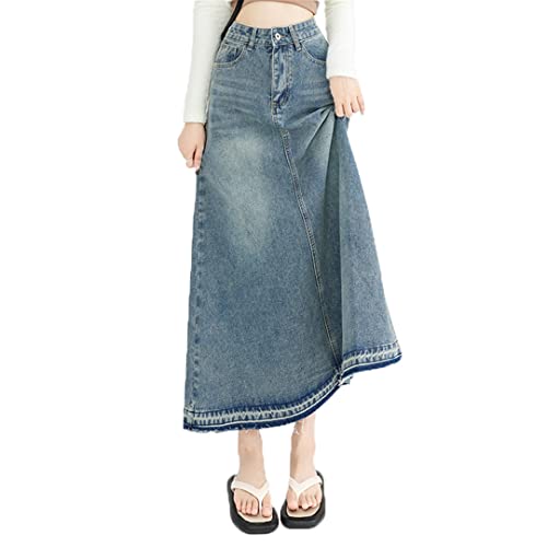 Jupe mi-longue en jean bleu brossé pour femme un look élégant en terrasse ou au bureau