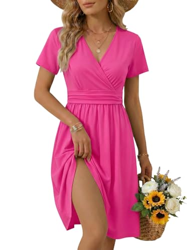 OUGES Women's Summer Short Sleeve V-Neck Floral Short Party Dress with Pockets