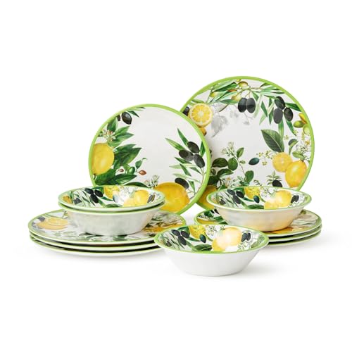 Limone 12-Piece Melamine Dinnerware Set - Citrus-Inspired, Service for 4, Durable, Shatterproof, Dishwasher-Safe Plates and Bowls for Everyday Dining, Outdoor Use, and Entertaining