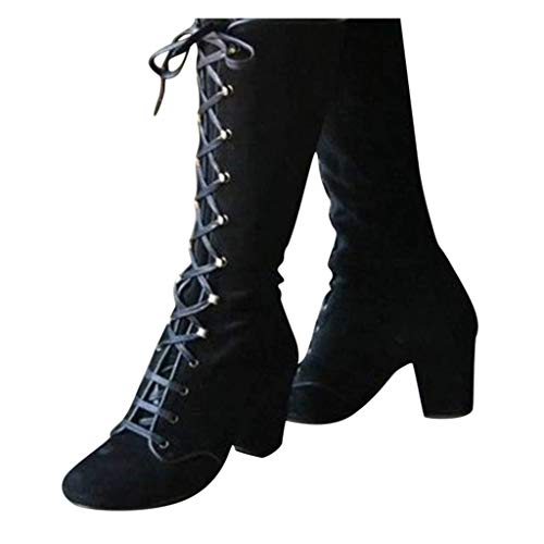Women Vintage Victorian Gothic Mid Calf Height Boots Casual Lace up Thick High Heels Booties Winter Warm Shoes