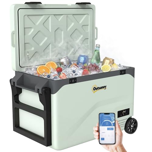 Outsunny 42,5 L Kompressor Kühlbox Leise elektrisch Mini Kühlschrank bis -20℃ Kühlbox mit Bluetooth LED Rolle Kühlfunktion Griff Handyhalter Stoßfest Gefrierbox 12/230 Volt für Auto LKW Reisen Grün