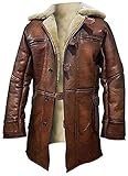 Men's Brown Fur Shearling Long Trench Leather Jacket Pea Coat (L)