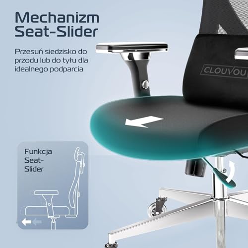 CLOUVOU CleverSeat Ergonomiczne krzesło biurowe [NR 1 W RANKINGU] Regulowane krzesła biurowe - fotele ergonomiczne | Siatkowy fotel biurowy z podparciem | Fotel ergonomiczny do gier do 150 kg