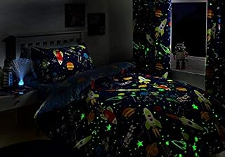 Restmor at Home Astronaut Space Single Bed Duvet Cover Set Glow in The Dark Supersonic Rockets and Solar system with shooting stars by Fusion
