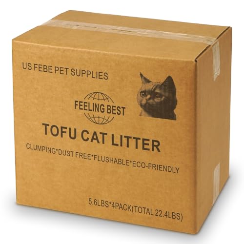 FEELING BEST Tofu Cat Litter 22.4LB(5.6LB*4 Bags) Fast Clumping, Dust-Free,100% Natrual Raw Materials, Clumping,Flushable,Ultra Absorbent and Fast Drying,Solubility in Water,Really,Less Scattering