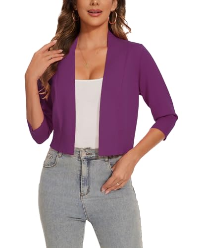 Image of Women 3 /4 Sleeve Cropped Cardigan Lightweight Casual Open Front Bolero Shrug Sweaters