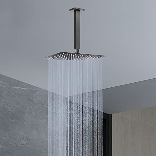 Image of Ceiling Mounted Shower Arm, Rain Shower Square Extension Arm with Flange and Teflon Tape Stainless Steel Ceiling Mount Shower Extender (8 Inch, Matte Black)