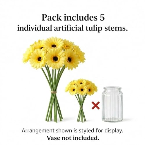 Image of Artificial Gerbera Flower Sticks (Pack of 5) for Decoration Yellow Faux Flowers for Vases Home Office Living Room Wedding and Party Long Lasting Washable and Reusable Floral Arrangement