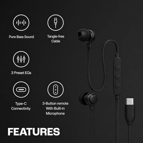 Image of Lynacz Original Type C Earphones for Powerful Bass Wired Earbuds HD Audio Clear Calling Microphone Compatible with All Type C Device (Boomin Black)