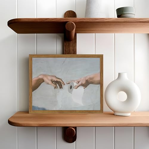 Image of Funny Bathroom Wall Art, Vintage Eclectic Restroom Sign Wall Decor Paintings, Funky Handing Toilet Paper Canvas Prints Artwork Pictures 16x12 inch Wood Framed