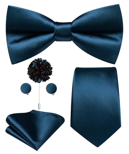 Image of Hi-Tie 5Pcs Mens Solid Color Silk Tie Satin Pretied Bowtie Lapel Pin for Men Handkerchief Cufflink Wedding Gift Box