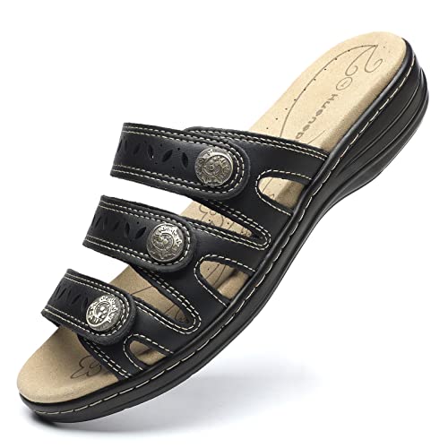 Hueneph Women's Comfort Leather Slides Lightweight Flat Sandals Cute Slip On Casual Walking Slippers, Black, 11