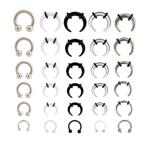 30pcs Septum Rings Kit, 6G-16G Acrylic and Stainless Steel Septum Stretching Jewelry Kit Including Horseshoe Nails & Tooth Tip Nails Pincher Rings for Women Men Decorations (4 Colors)
