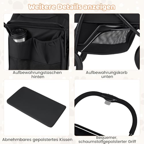 COSTWAY Hundewagen klappbar, Hundebuggy bis 25 kg, Katzenwagen 3 Rad, Haustierwagen mit verstellbarem Sonnendach, Netzfenster, Korb & Polster, Haustierbuggy für Katzen Hunde (Schwarz)