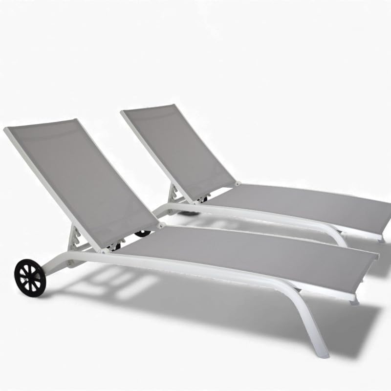 Yellowshop – Coppia di Lettini Prendisole in Alluminio e Textilene Elly, Reclinabile 5 Posizioni, con Ruote, Impilabile – Lettino da Giardino, Piscina, Mare, Bianco