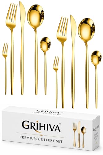 Image of 10 Pcs Gold Cutlery Set for Dining Table the Perfect Lightweight Silim Handle Tableware Including Dinner Spoon, Dinner Fork, Dinner Knife, Dessert Spoon & Dessert Fork