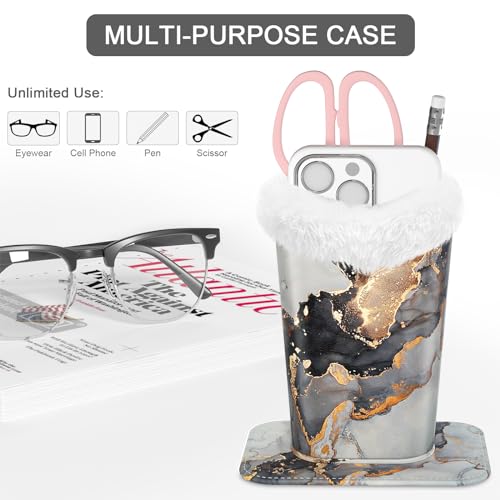 Image of Eyeglasses Holder, Plush Lined PU Leather Pattern Stand Case with Magnetic Base, Unisex for Women Men, Grey Gold Marble