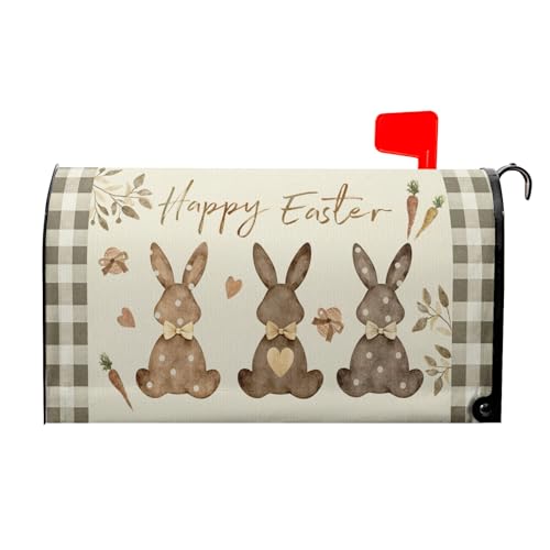 Image of Happy Easter Mailbox Cover, Magnetic Large Size 25.5x21 Inches, Spring Bunny Rabbits Egg Carrot Mailbox Wrap Post Cover with Buffalo Plaids for Garden Yard Outdoor Home Decor