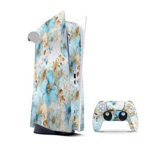 Skins4u Skin für PS5 Design Vinyl Skins Aufkleber Faceplate Sticker kompatibel mit PlayStation 5 Folie Gaming Case PS5 Cover Konsole Controller (Gold Blue Fantasy, Disk Edition)