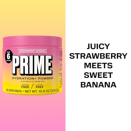 Image of PRIME HYDRATION+ Electrolyte Powder, Strawberry Banana, Sugar Free Hydration Drink Mix with Potassium, Magnesium & B Vitamins to Replenish Fluids, Caffeine Free, 6 Gallon Tub, 48 SRV