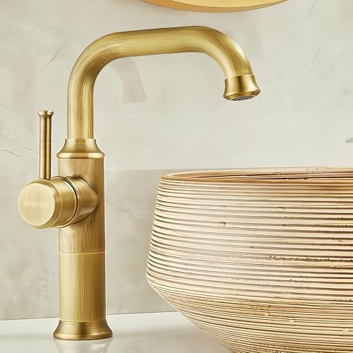 KOPYFANTAP Alto Grifo Lavabo Latón Antiguo,Vintage Rústico Estilo Mezclador Monomando Lavabo,Retro Grifo de Lavabo Baño Alto 360° Giratorio Agua Fría y Caliente