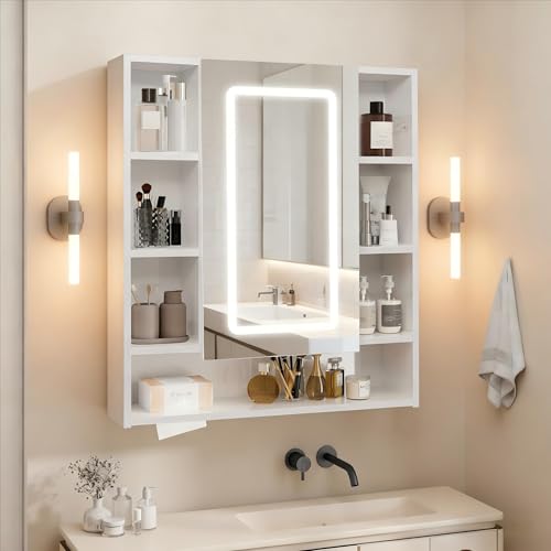 YU YUSING Spiegelschrank Bad mit LED Beleuchtung 72x80x13cm, Badezimmerschrank mit 9 Ablage 1 Türen, Badschrank mit Spiegel, 3 Farbtemperatur Dimmbare, Badspiegel Badezimmer, Hängeschrank, Weiß