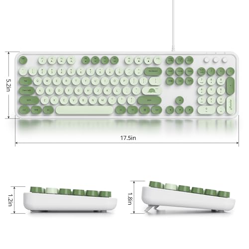 Image of Owpkeenthy Typewriter Green Matcha Cute Keyboard with Floating Round Keys, Full Size Wired Retro Keyboard Click Feeling with Foldable Stands for Laptop Office PC Desktop Windows (Matcha)