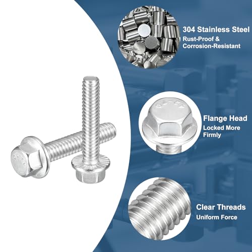Image of uxcell 10Pcs 1 /4-20 x 1-1 /4 inch Flanged Hex Head Bolts, 304 Stainless Steel Flange Hexagon Screws, Flange Hex Drive Screws 5.8 Grade for Machinery Industry Home Appliances, Silver