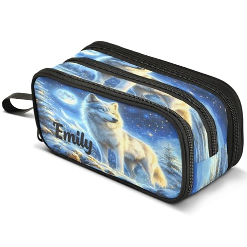 Image of ALAZA Custom Large Pencil Case with Name Wolf Moon Snow Mountain, Pen Pouch Pencil Bag with 3 Compartments Pen Holder Organizer Stationery Bag