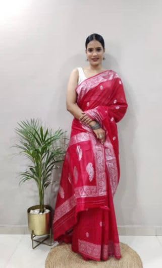Image of Banarasi soft Cotton-Silk Saree with Unstitched Blouse - Graceful Design for Special Occasions, Weddings & Festivals