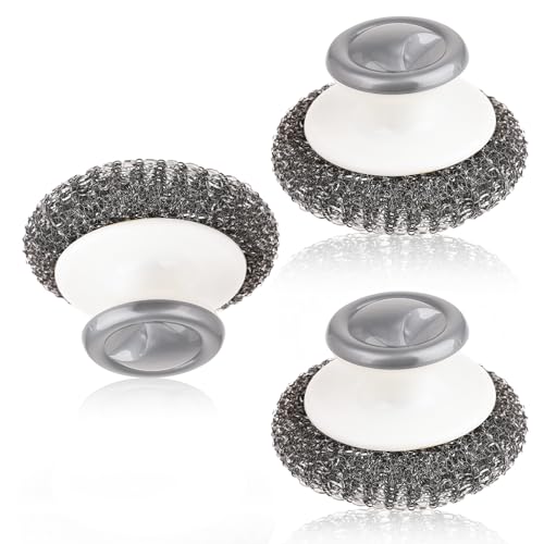 Stahlschwamm 3 Stück, Stahlwoll-Schrubber mit Griff, Edelstahl-Scheuerbürste, Küchenbürste zur Reinigung, Metallschwämme Stahlwolle Schwamm für Gusseisen, Spüle, Geschirr, Suppentöpfe
