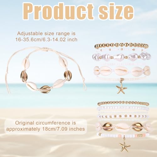 13pcs Summer Beach Beachy Bracelets Set, 2 Styles Stack Stackable Seashell Sea Shell Bracelets & Bohemian Beaded Jewelry Elastic Starfish Charm Jewelry for Women Vacation Summer Beach Party Gift2