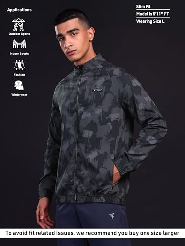 Image of TECHNOSPORT Men's Polyester Standard Length Slim Fit Printed Regular Jacket With SPF50+, Quick Dry for Regular Use