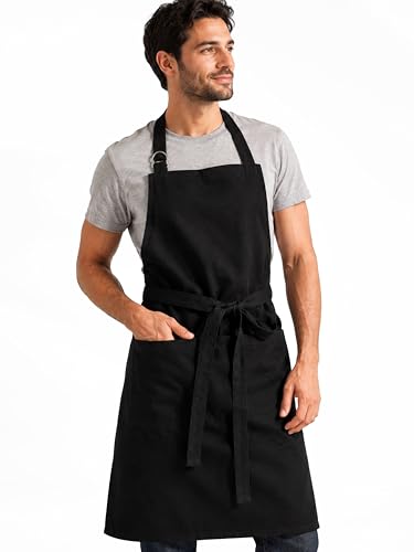 Image of Kitchen Apron - 100% Cotton, Adjustable Neck strap, Large Pocket - Unisex Apron for Men & Women - Cooking, Baking, BBQ, Gardening - Solid Colours, Striped and Checkered Patterns