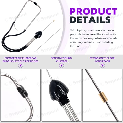 Swpeet 2Pcs Automotive Edelstahl Mechanic Zylinder Stethoskop Motor Stethoskop Kit beinhaltet Gummi Ohrstöpsel Sonde Rohr, Diagnosewerkzeug für Autos, LKW und Motorräder, Motor Tester (schwarz)